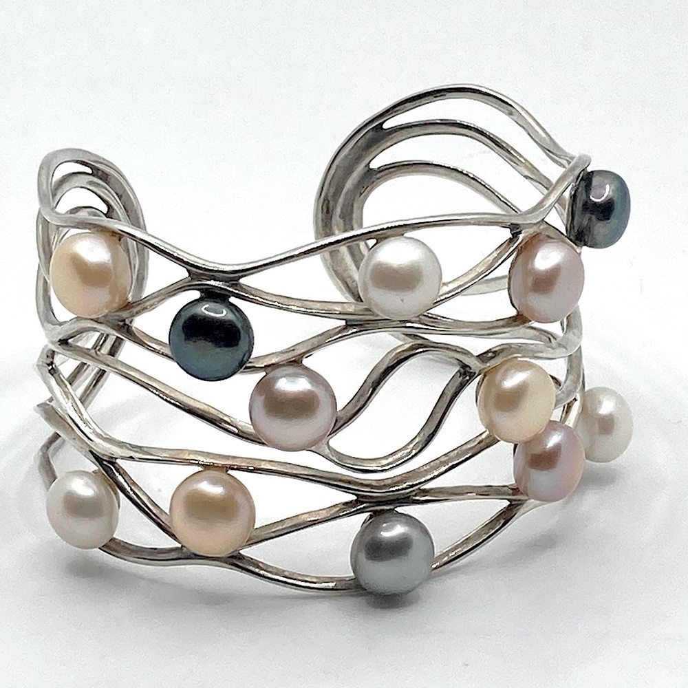 STERLING Silver & Pearl Multi Colour Pearls wide Cuff Bracelet 7” / 44g